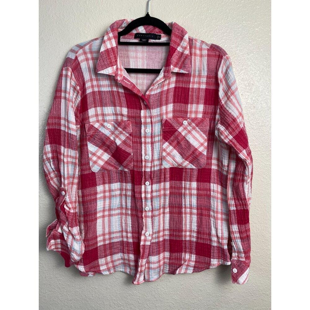 Sanctuary Women Plaid Tomboy Shirt Button Down Shirt Size Large Cotton Pink whit